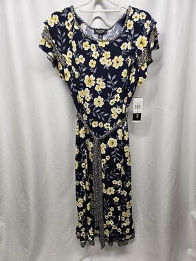 Dark Blue Floral Midi Dress with Self-Tie Belt